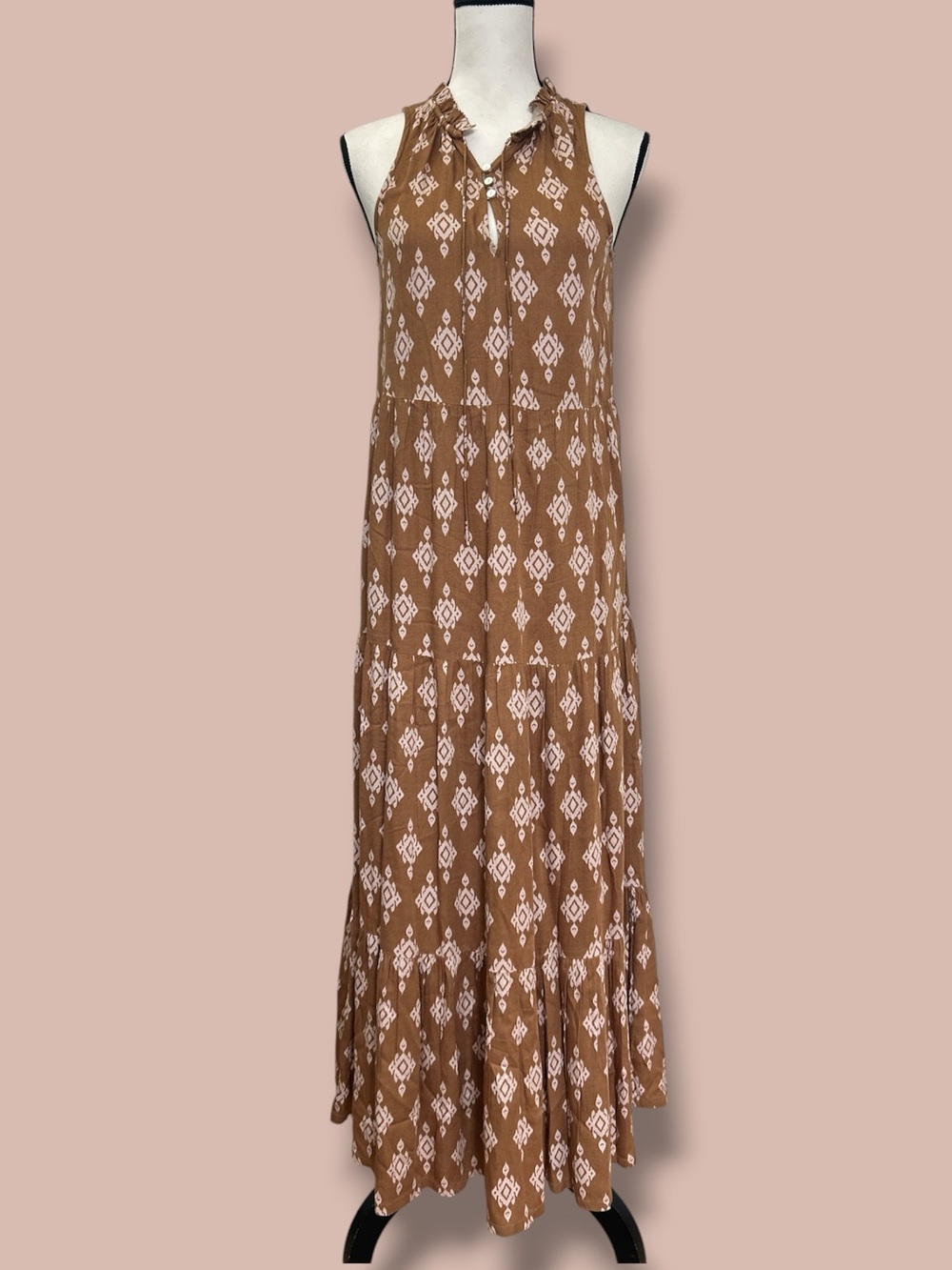 BILA 77 Size XS Geometric Aztec Print Sleeveless Maxi Dress HALTER BOHO WESTERN